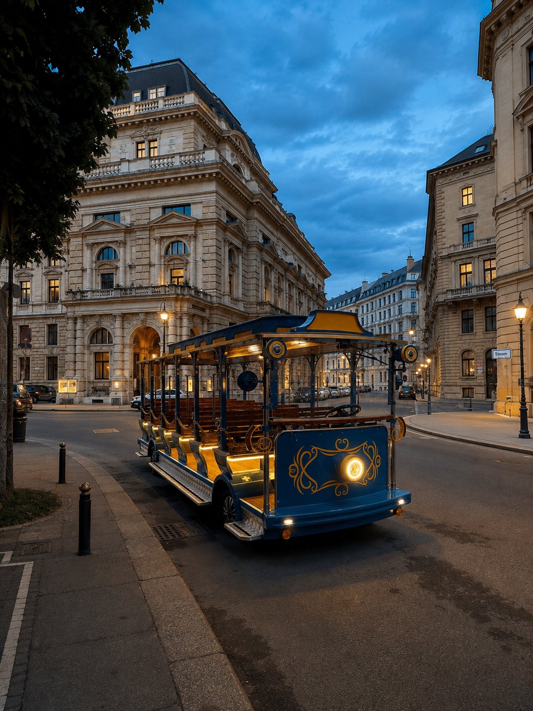 Golden Train Vienna – Sightseeing-Zug bei Abenddämmerung in der Wiener Innenstadt